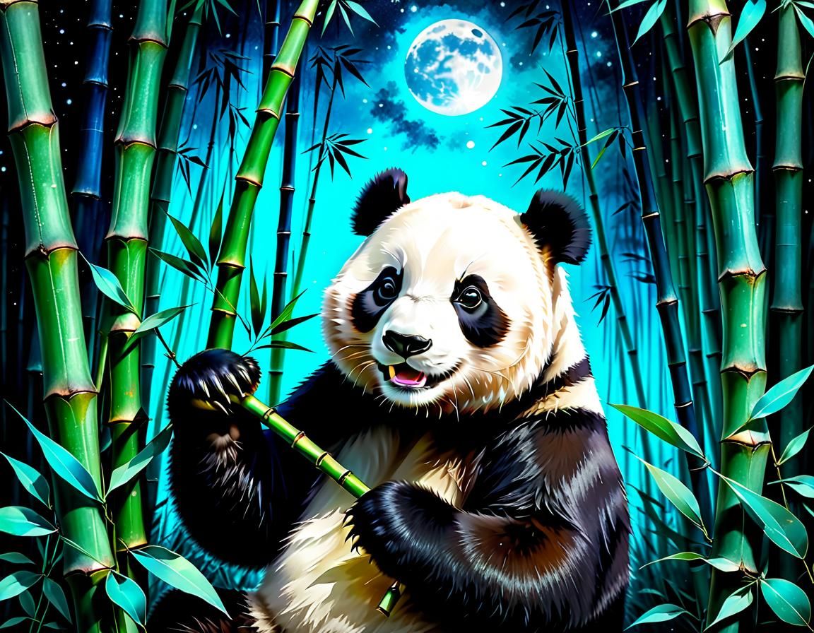 Adorable Panda Eating Bamboo in Moonlit Forest