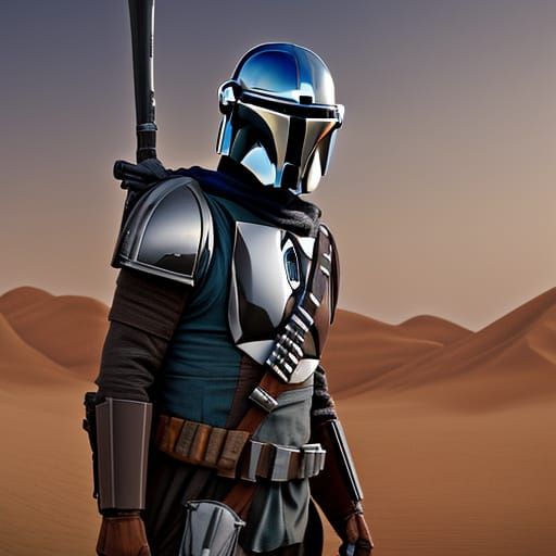 Hyperrealistic Mandalorian in Desert, Detailed Matte Paintin...