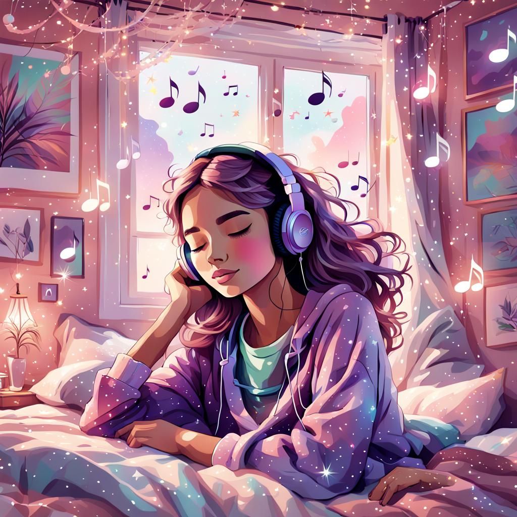 Girl Listening to Music in Dreamy Pastel Art