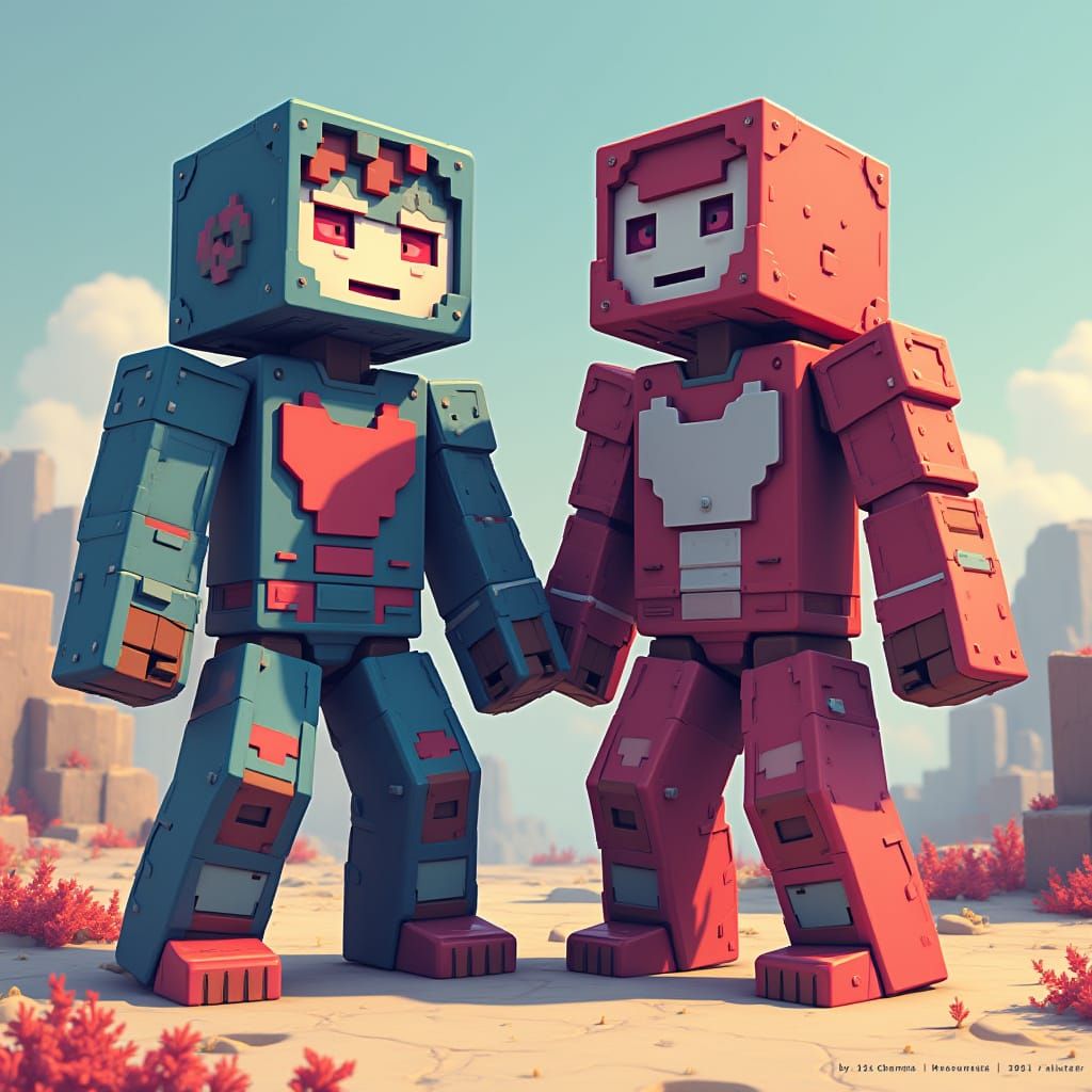 Blocky Pixel Art Cube People in Retro Video Game Style