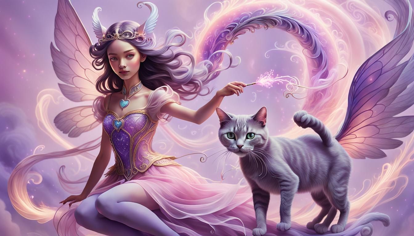 Ethereal Fairy Riding Pink Smoke Cat Creature