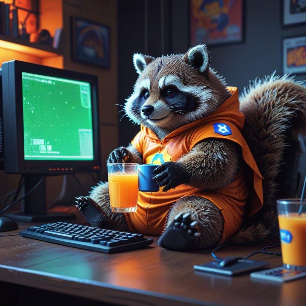 Raccoon Superhero at Computer in Pixel Art Style
