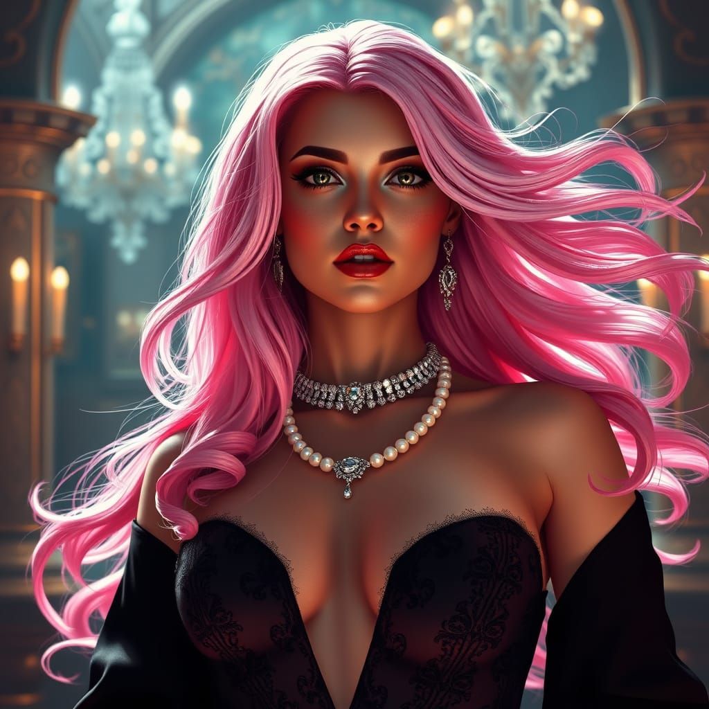 Pink-Haired Mafia Boss in Hyperrealistic Art Nouveau Style