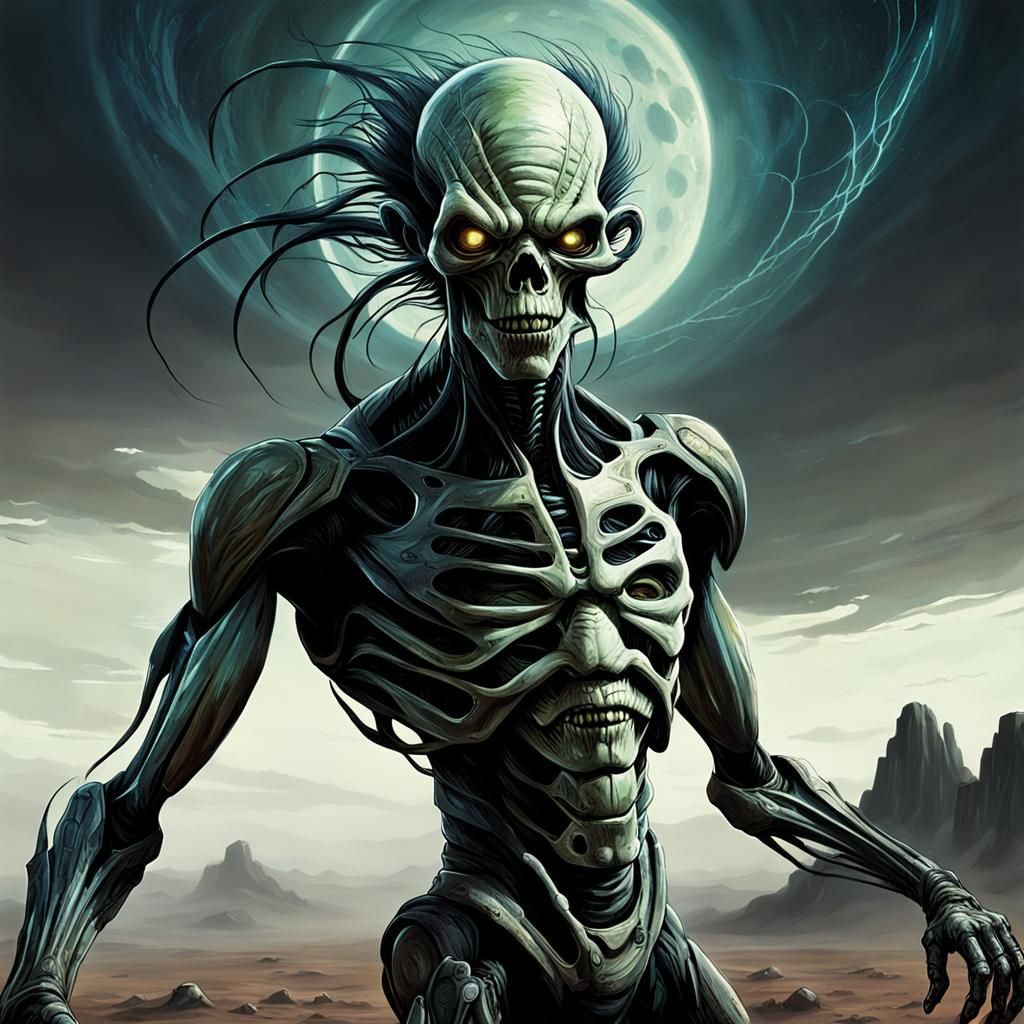 Sinister Extraterrestrial Human Hybrid in Dark Fantasy Style