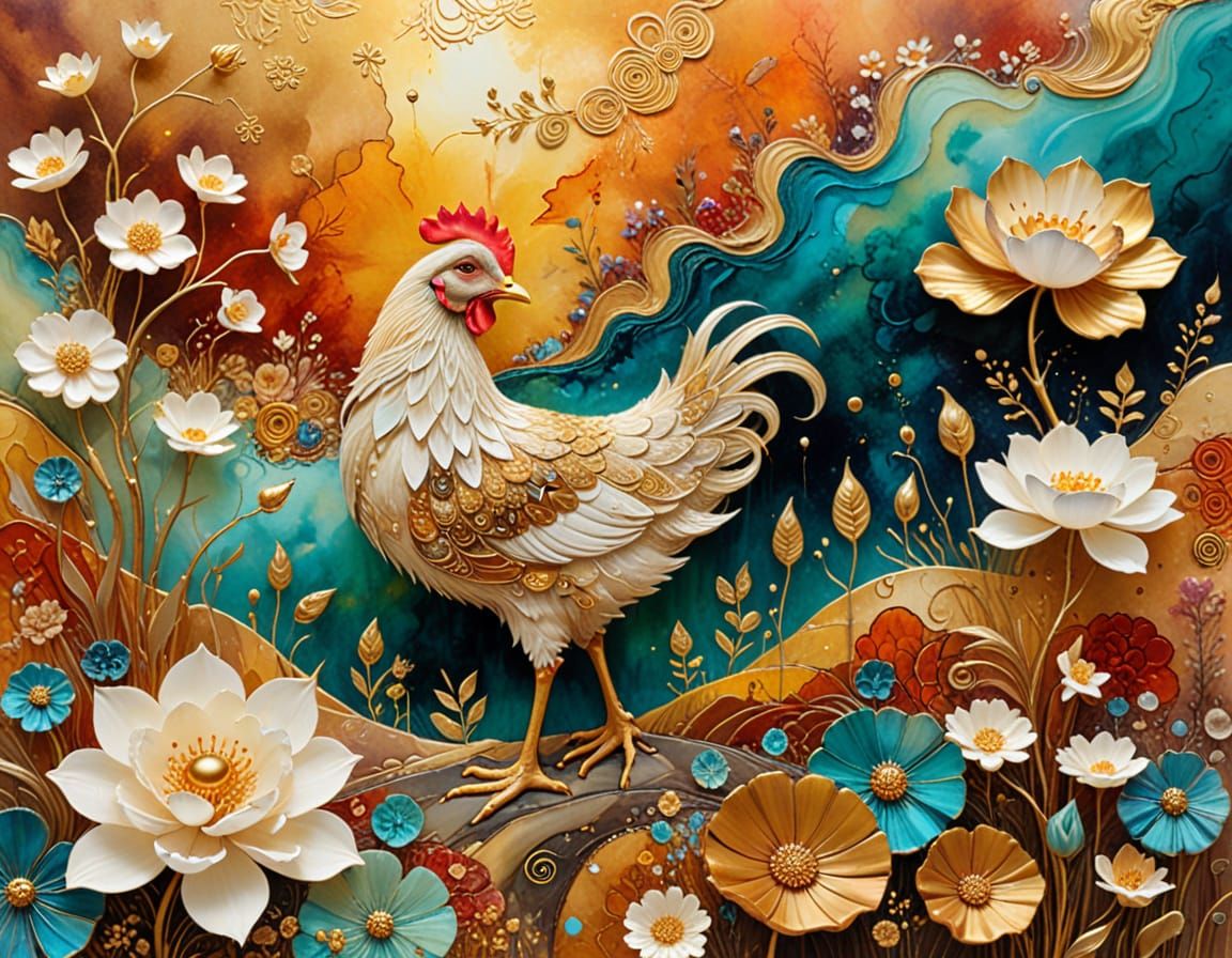 Surreal Chicken and Duckling Dreamscape in Mixed Media Style