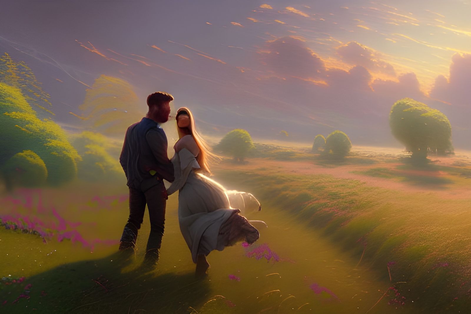 Lovers Embrace in Futuristic Landscape Painting