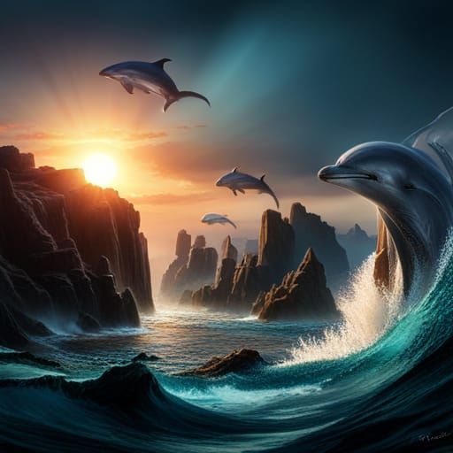Whales and Dolphins Leaping: Fantastical Concept Art