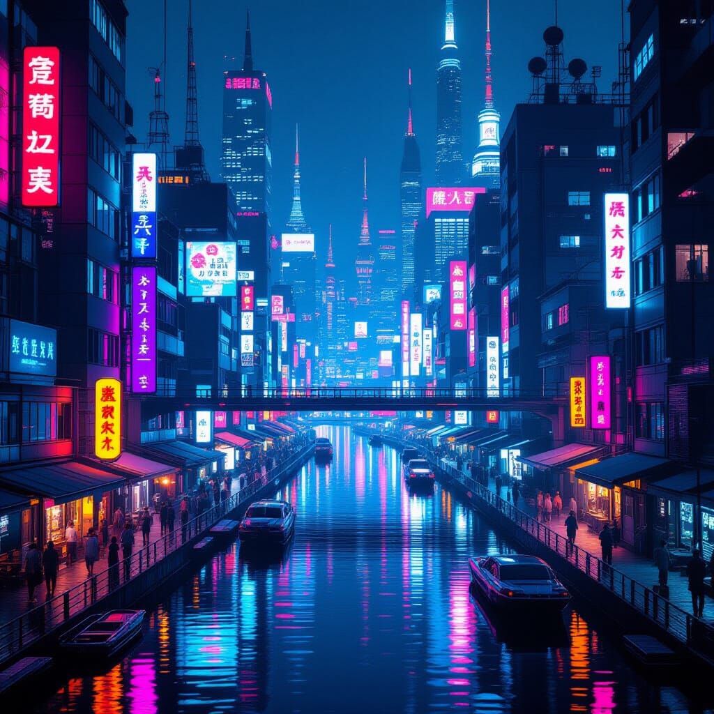 Cyberpunk Cityscape Neon Lights Glow Beside River