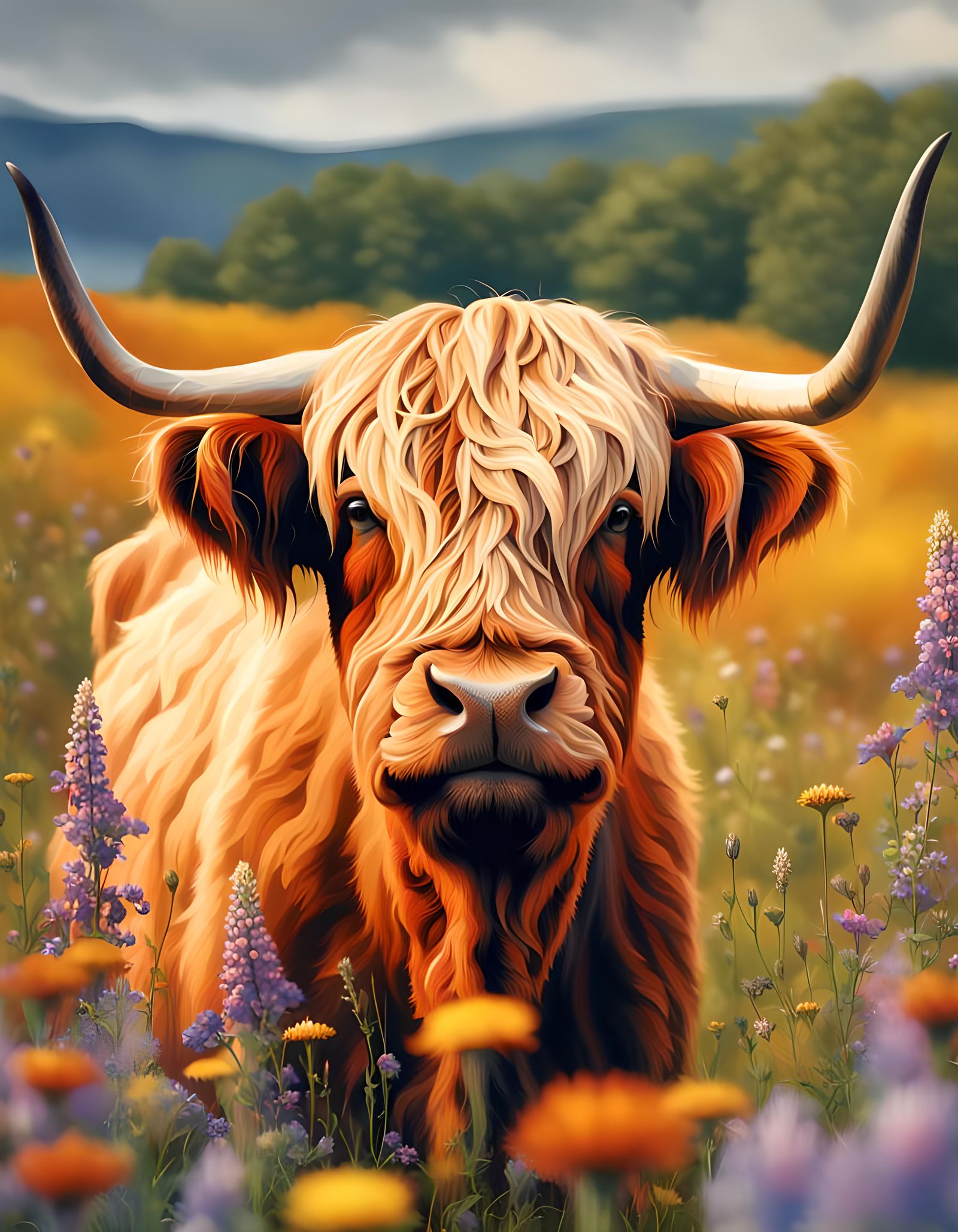 Highland Cow Portrait in Wildflower Meadow