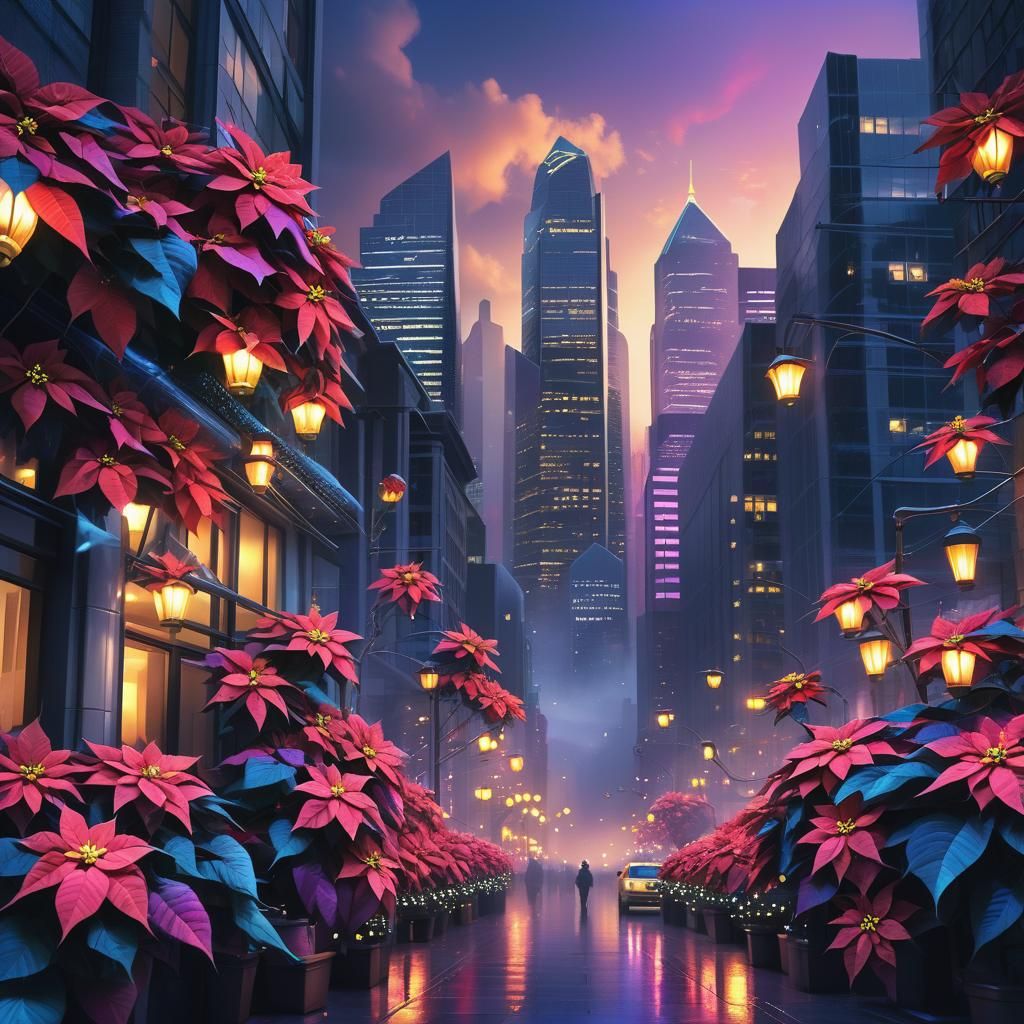 Majestic Cityscape at Dusk with Vibrant Poinsettias
