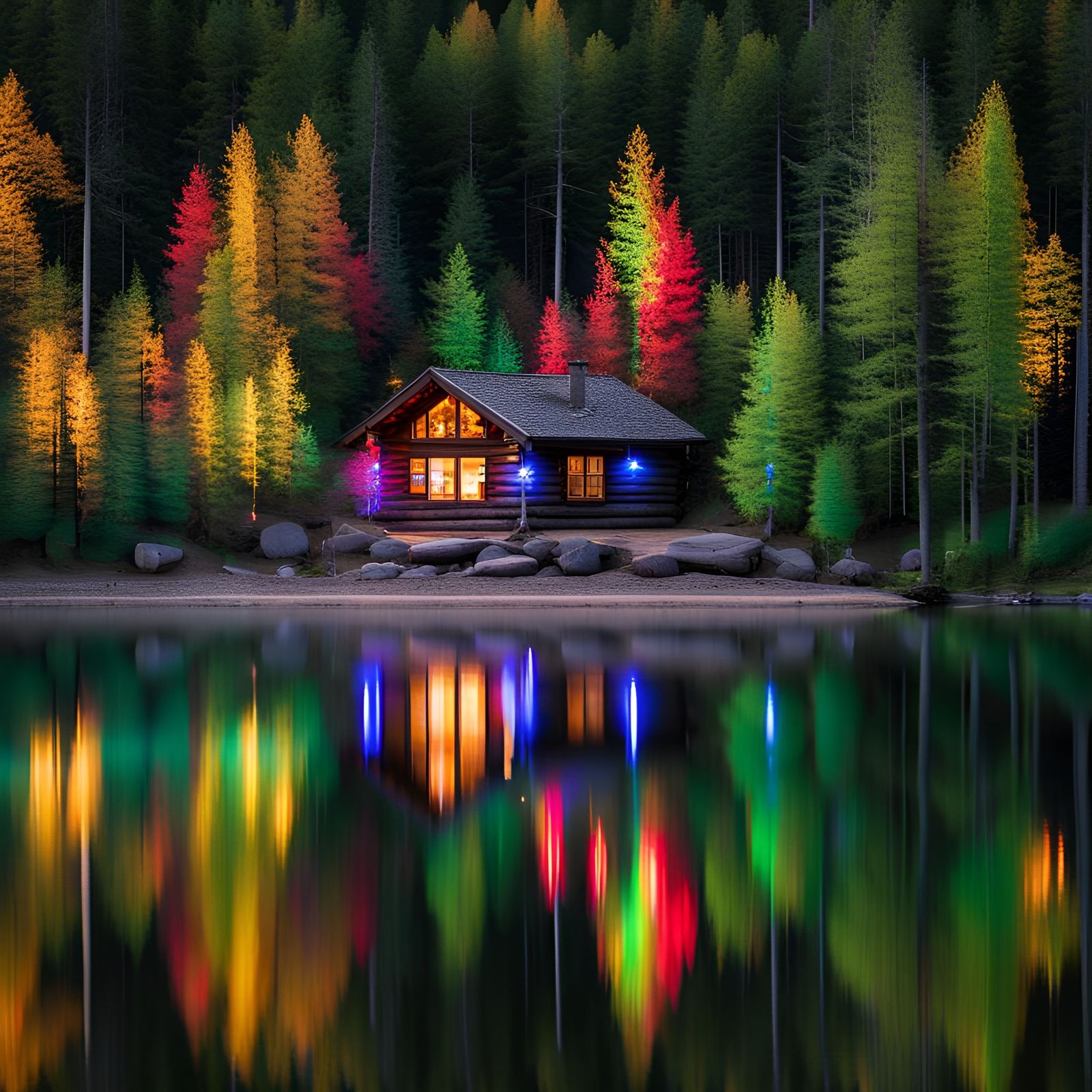 Log Cabin Lights Reflecting on Forest Lake