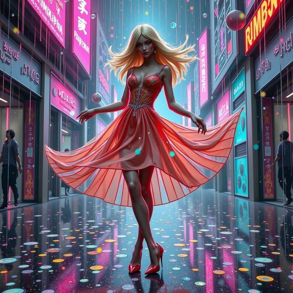 Blonde Woman Dancing with Spirit in Neon Noir Style
