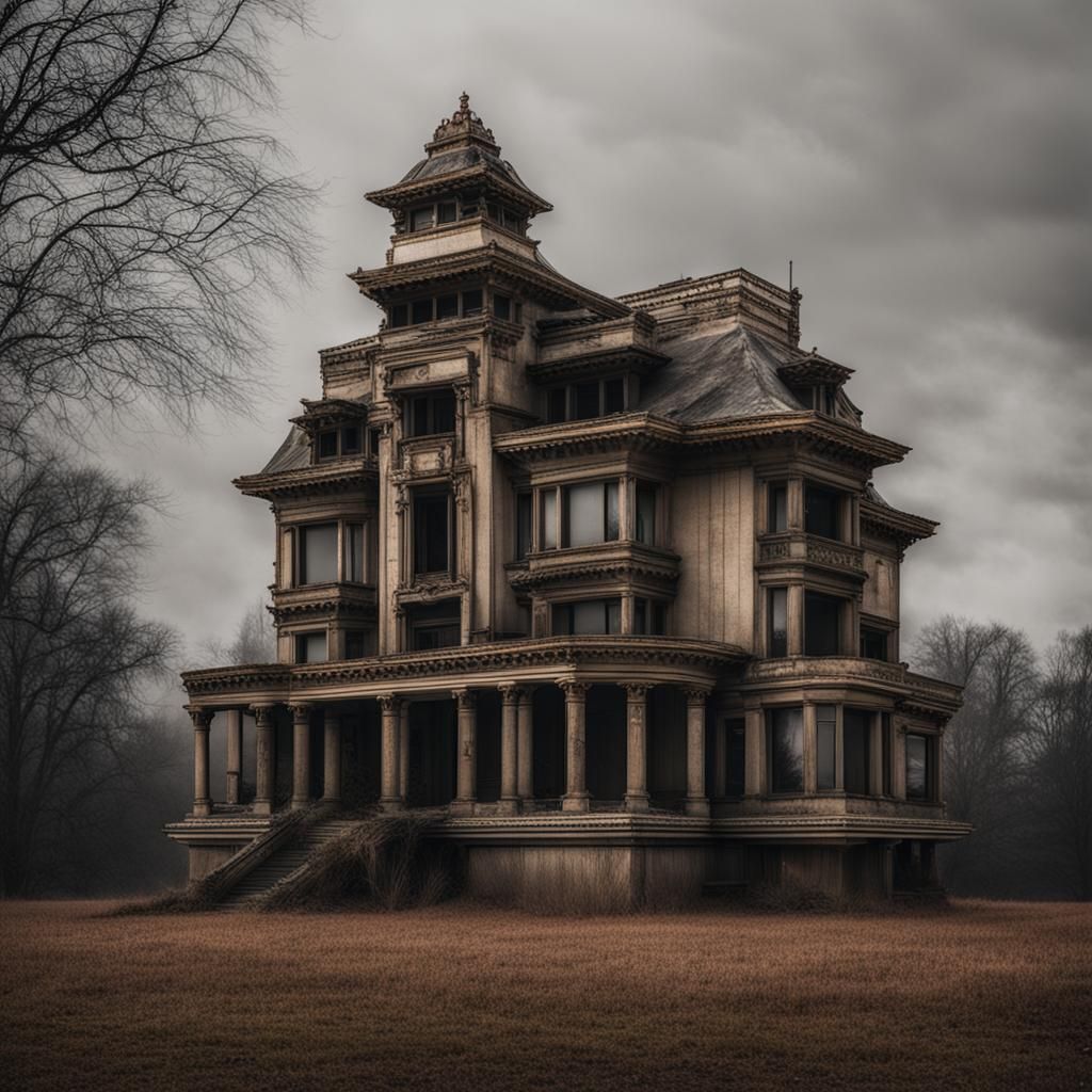 Elegant Mansion in Ruin on a Dreary Day