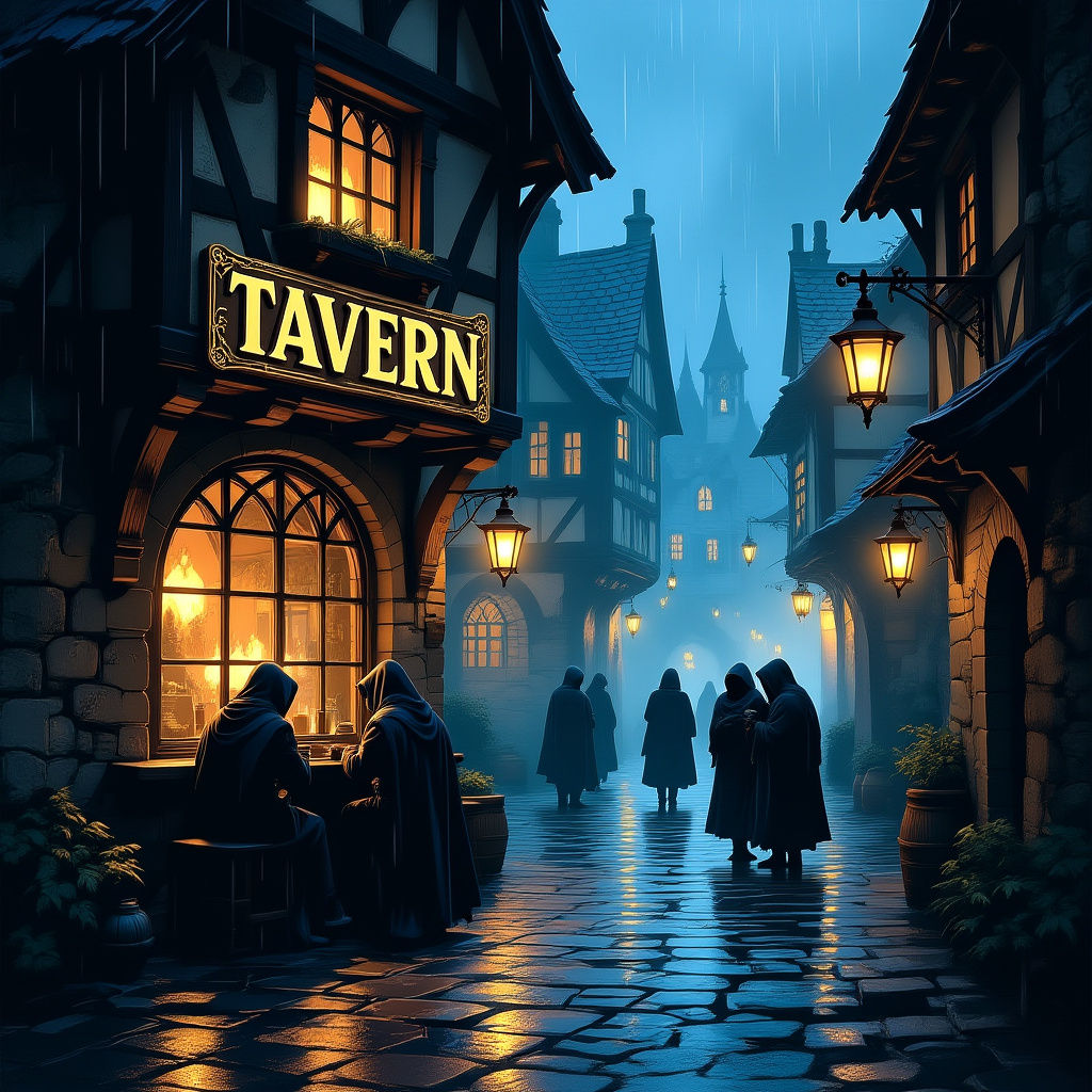 Glowing Tavern Window on Rainy Medieval Alley