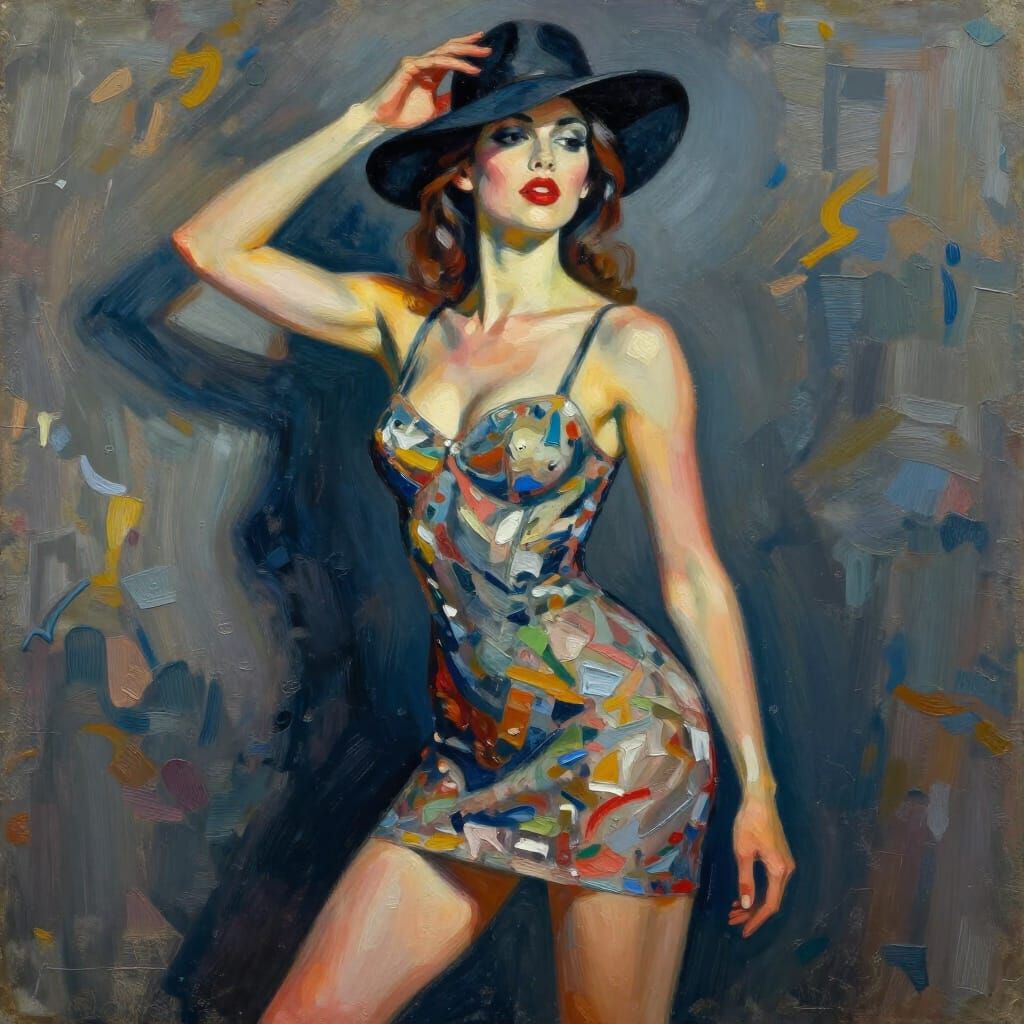 Glamorous Woman in Textured Dress, Impressionistic Style