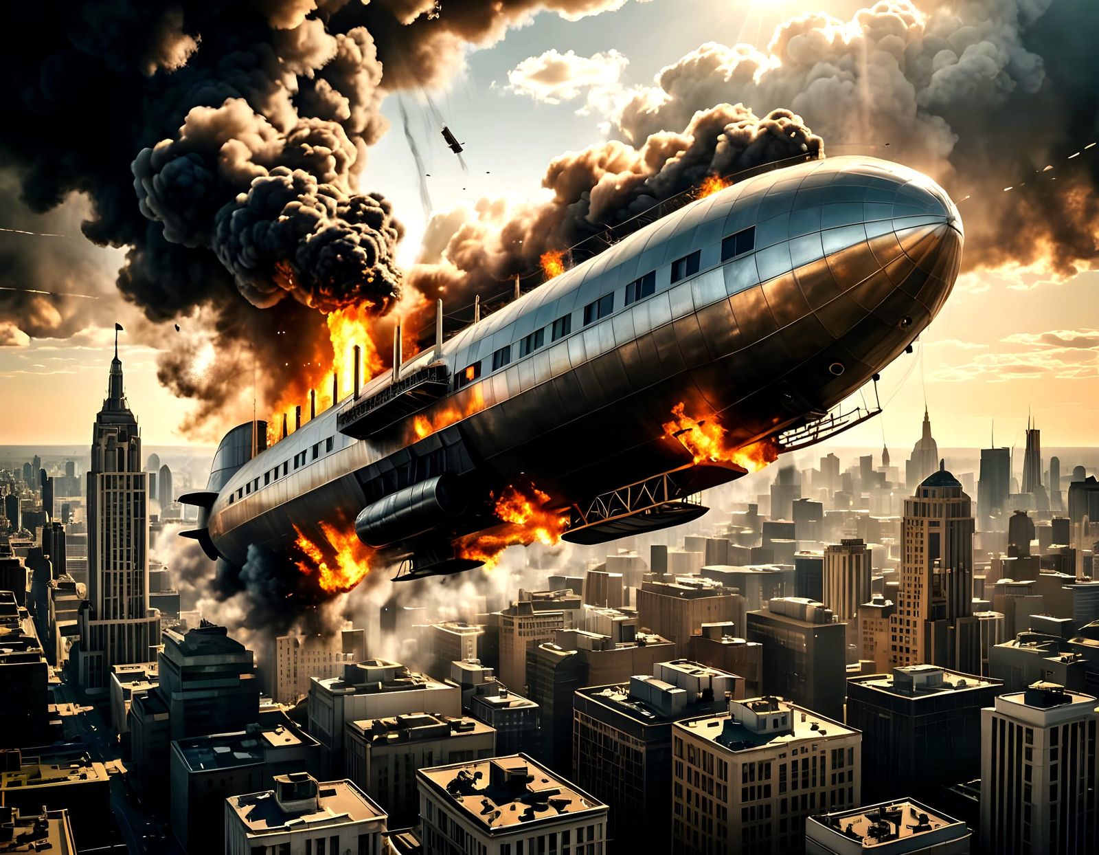 Art Deco Cityscape: Airship Disaster in Flames