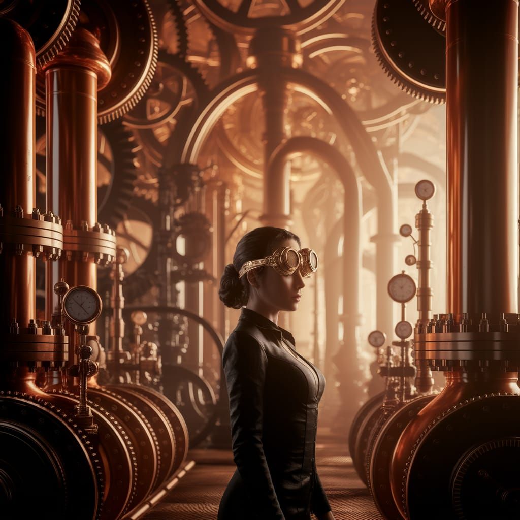 Steampunk Matrix Woman Amidst Brass Gears and Steam