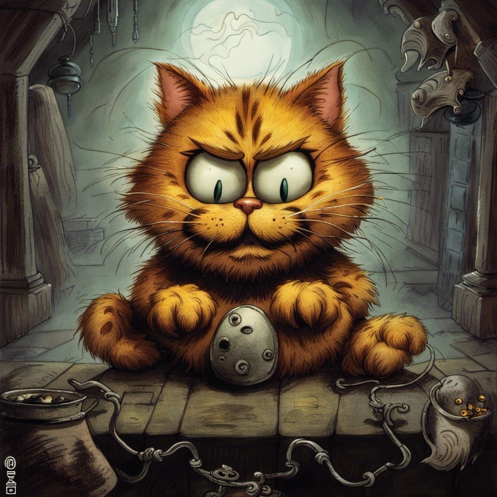 Creepy Garfield Cat in Haunted Tim Burton Style