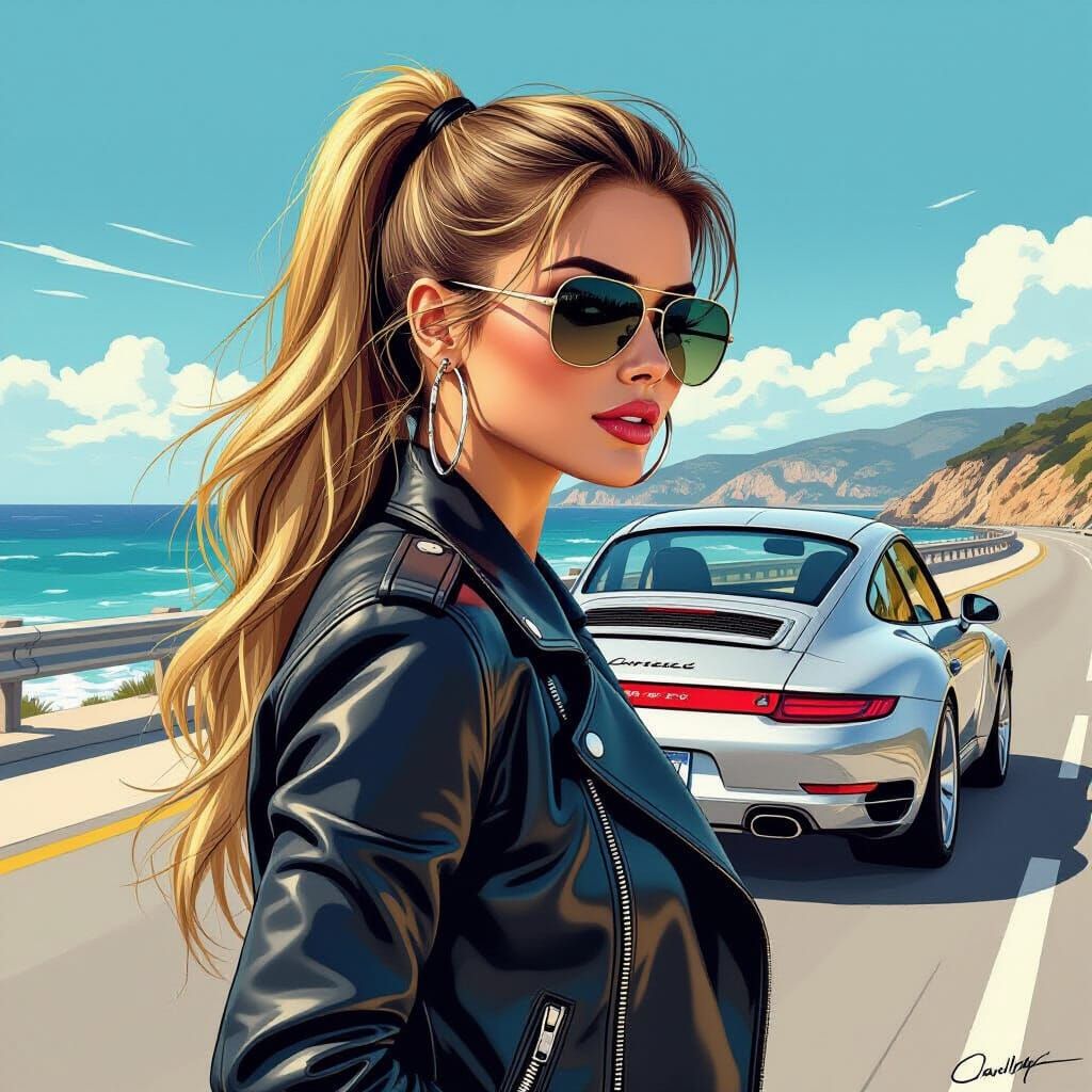 Woman with 911 Carrera in Comic Art Style