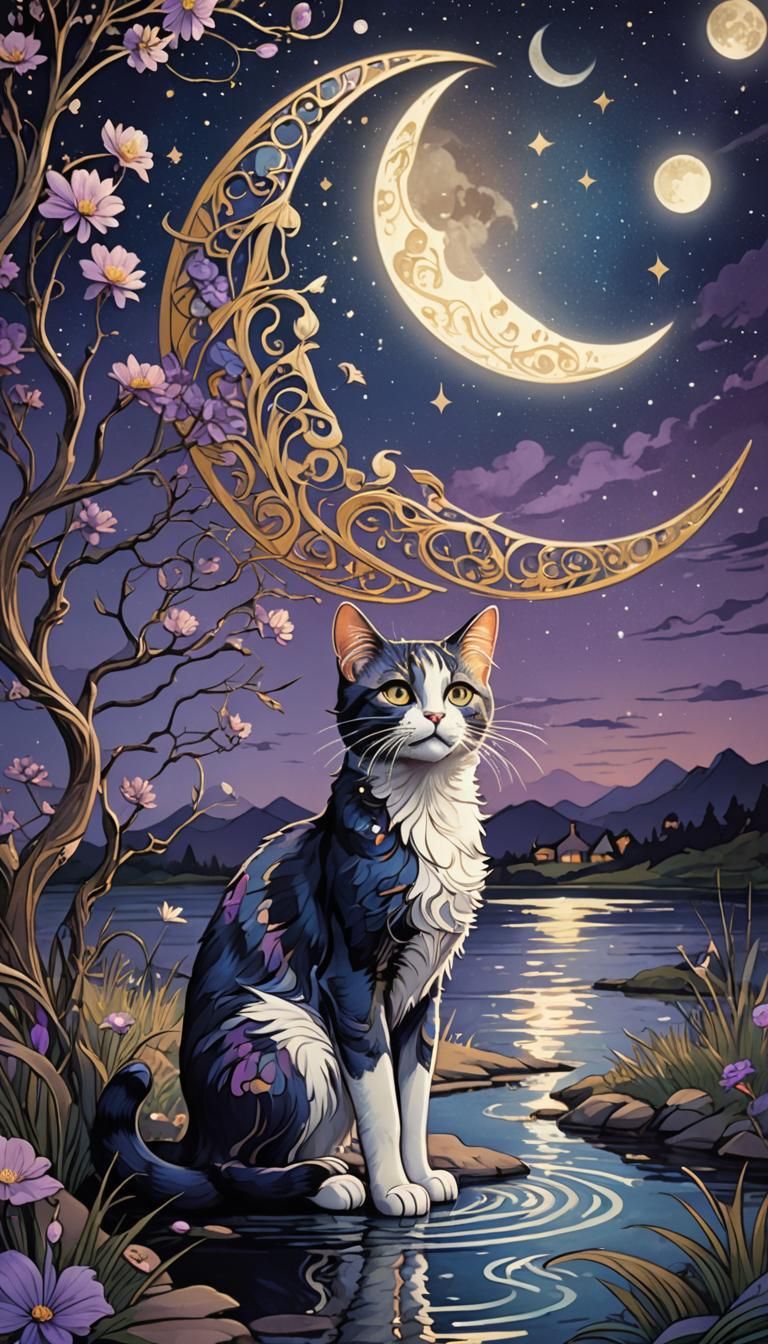Art Nouveau Cat Under Crescent Moon