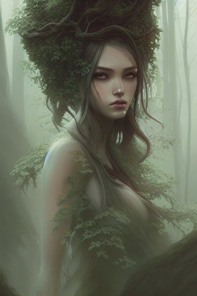 Beautiful Forest Spirit in Mist: Digital Illustration