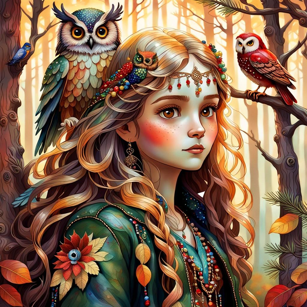 Fairy Portrait with Owl in Watercolor Style