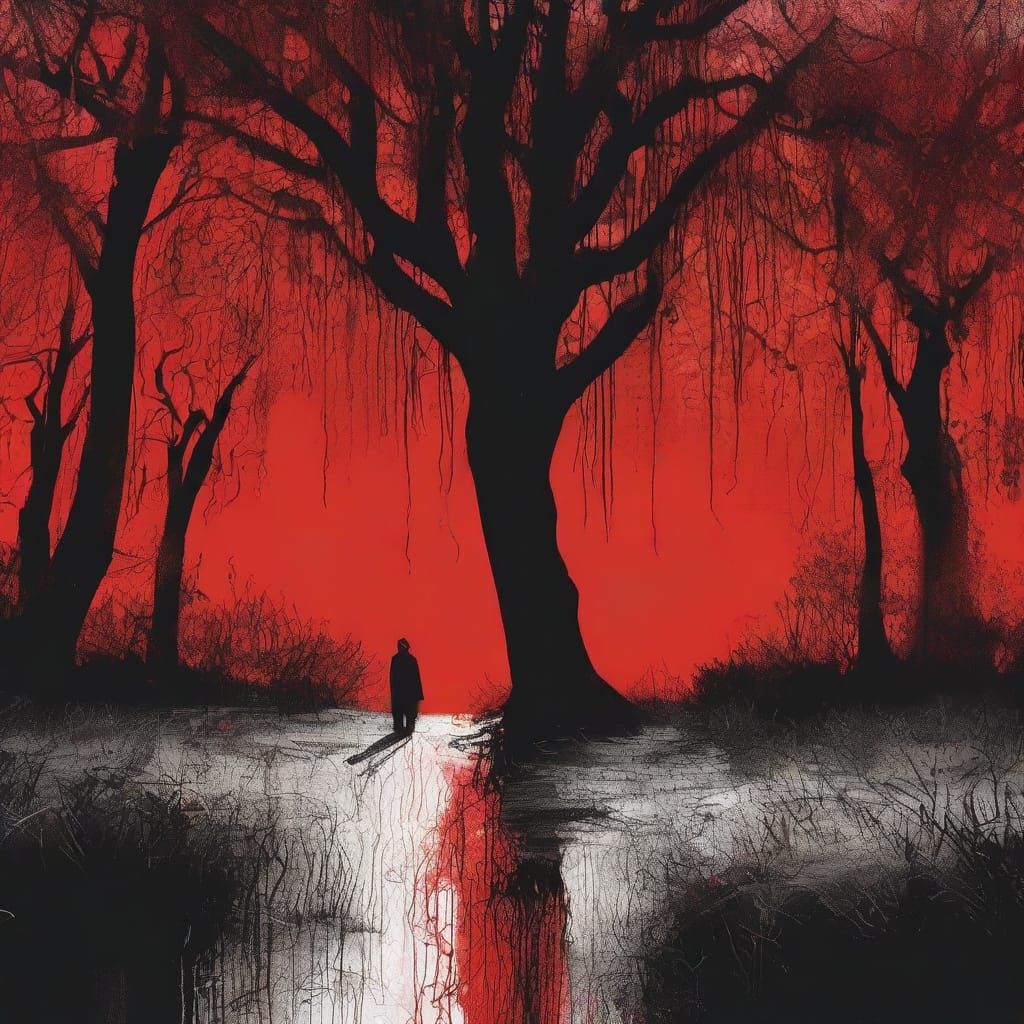 Lone Silhouette Under Willow in Crimson Sunset