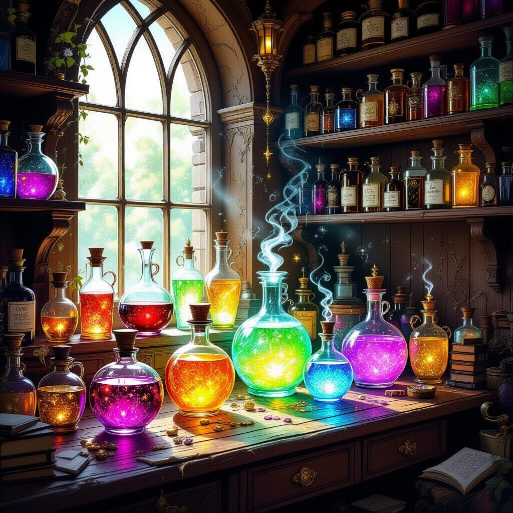 Mystical Apothecary with Luminous, Swirling Potions