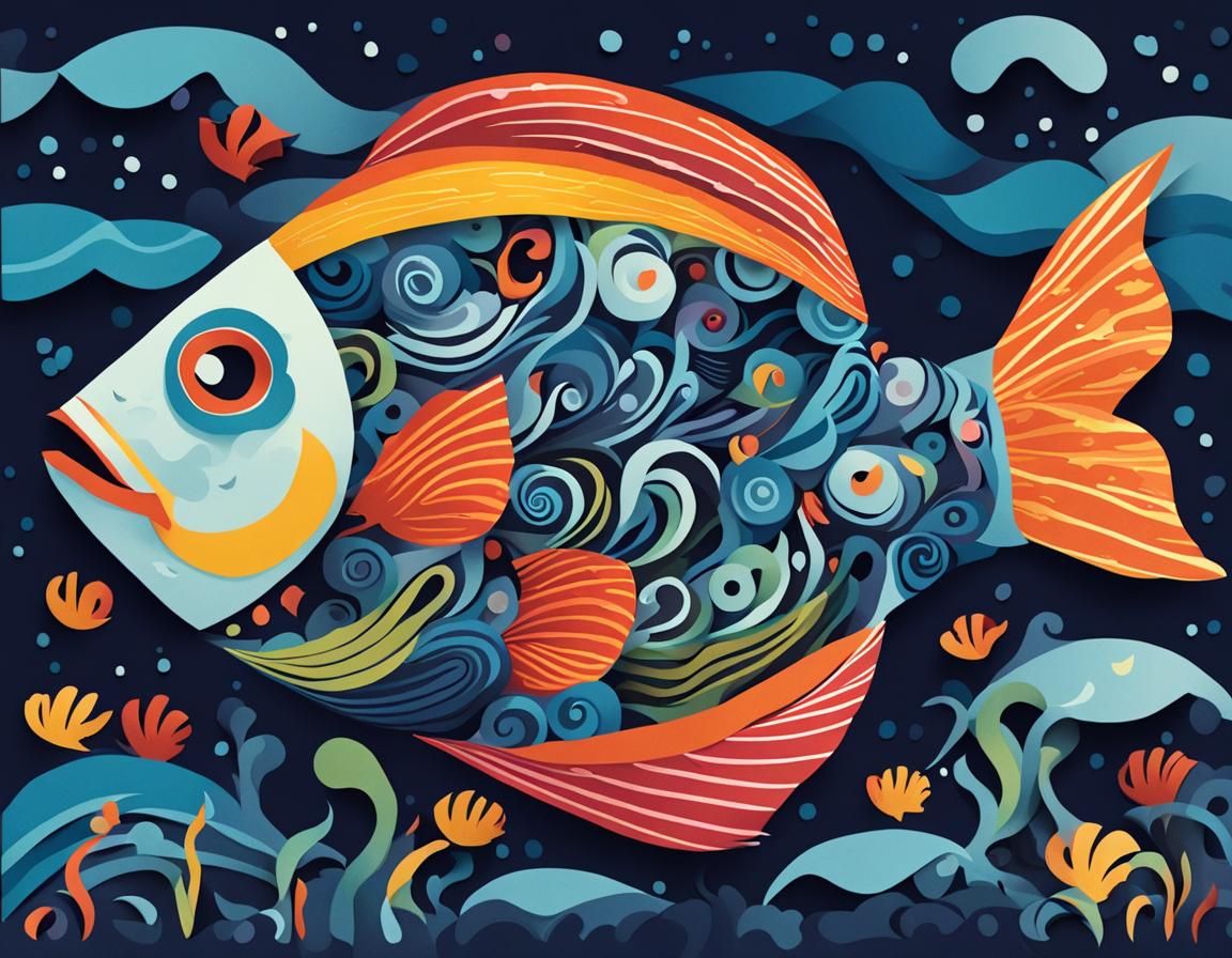 Whimsical Papercut Poster of a Fish Tornado