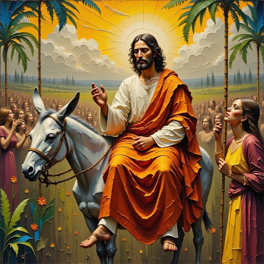 Jesus' Joyful Palm Sunday Procession in Vibrant Artistic Sty...