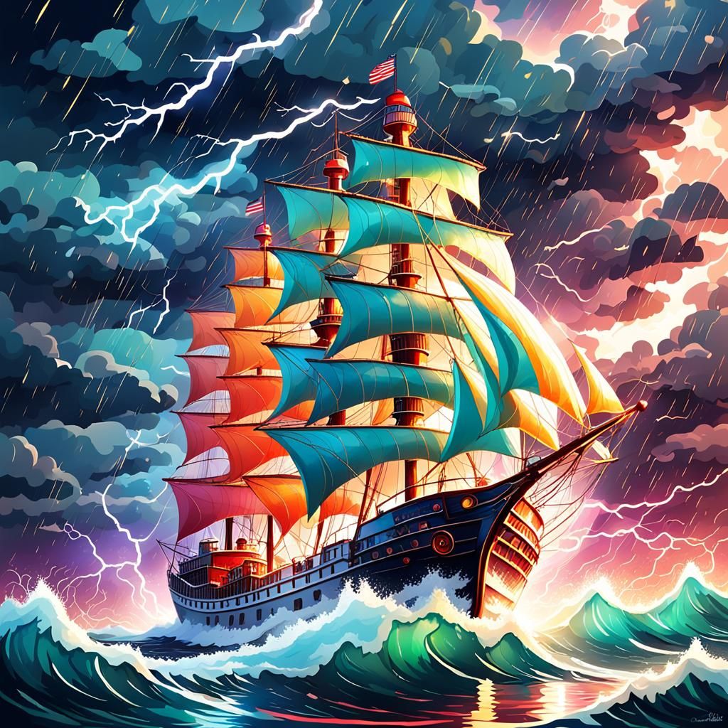 Candy Art Ship Sailing a Stormy Sea