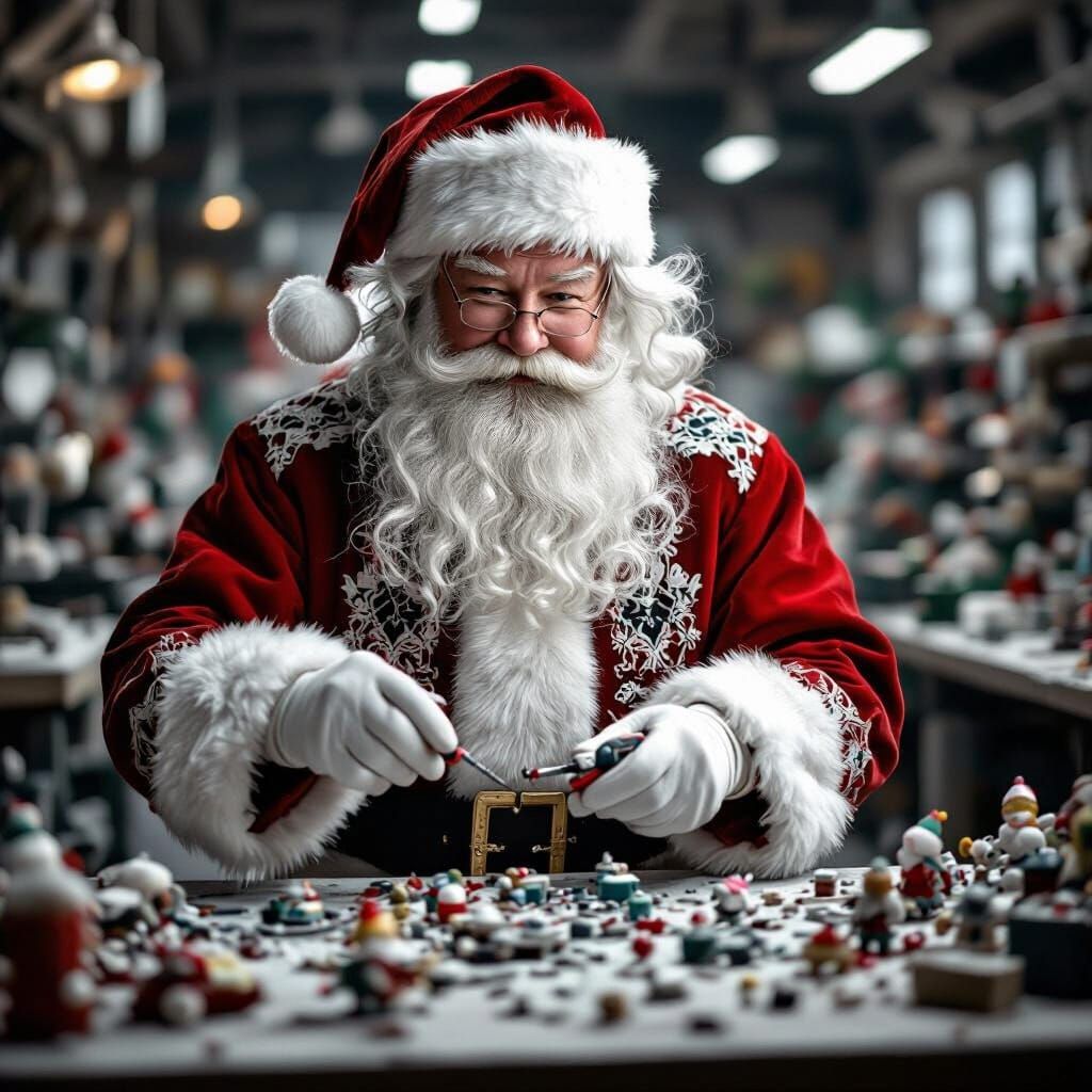 Father Christmas Repairs Toys in Monochrome Workshop