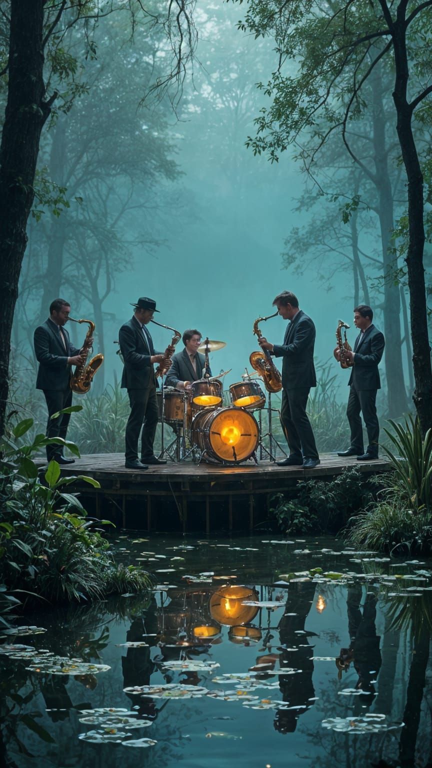 Surreal Jazz Band Performance in Misty Swamp