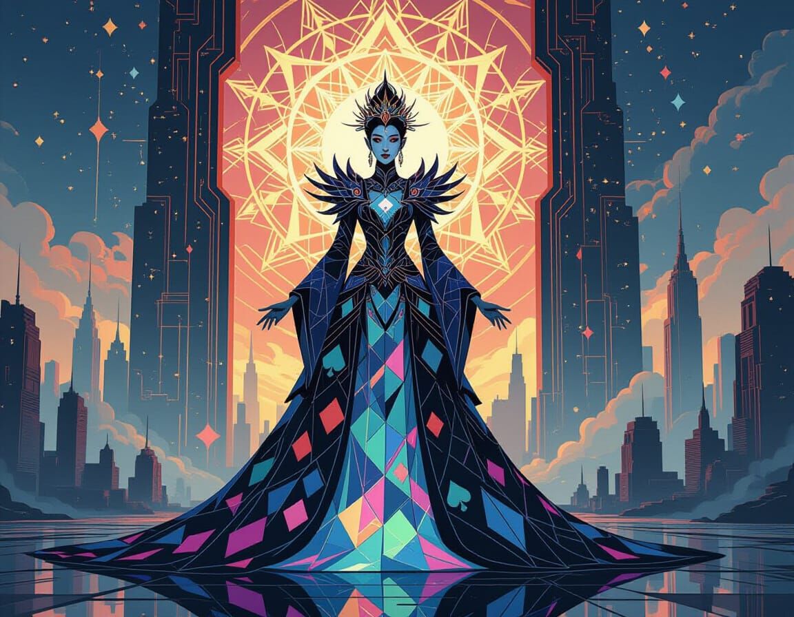 Ethereal Queen in Glitchcore Cityscape, Card Gown