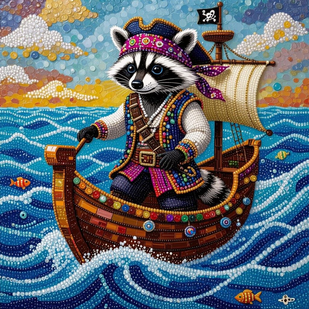 Beaded Racoon Pirate Ship Sailing the Beaded Ocean