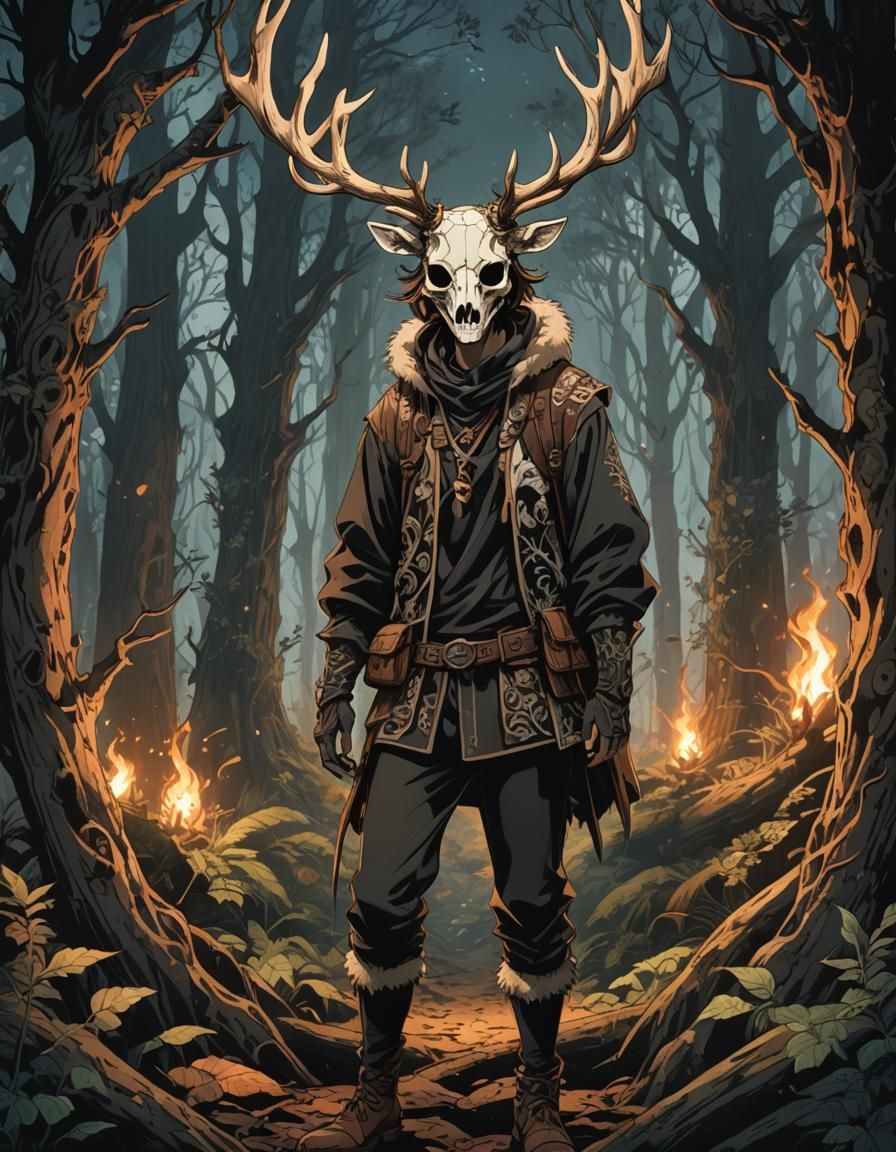 Boy in Deer Skull Mask, Dark Fantasy Anime