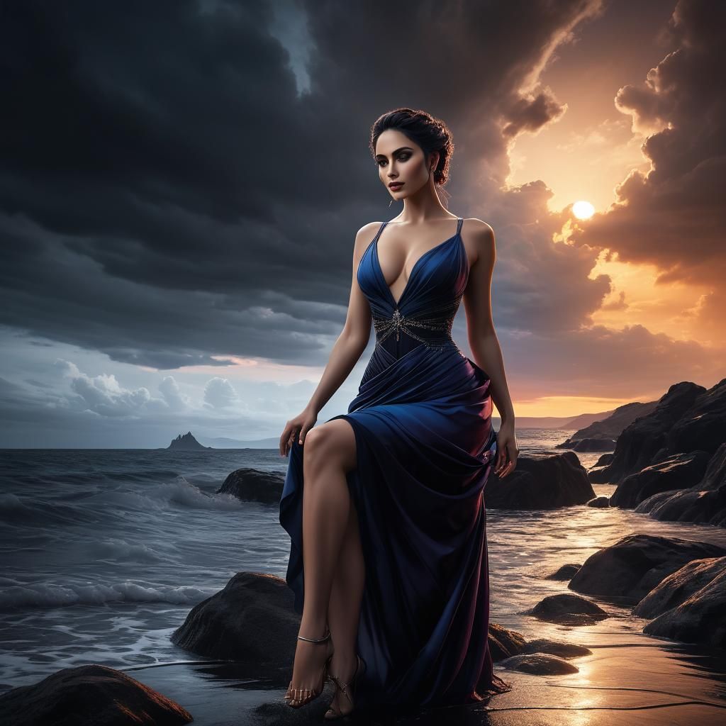 Woman in Cocktail Dress by Pond, in Titian Style