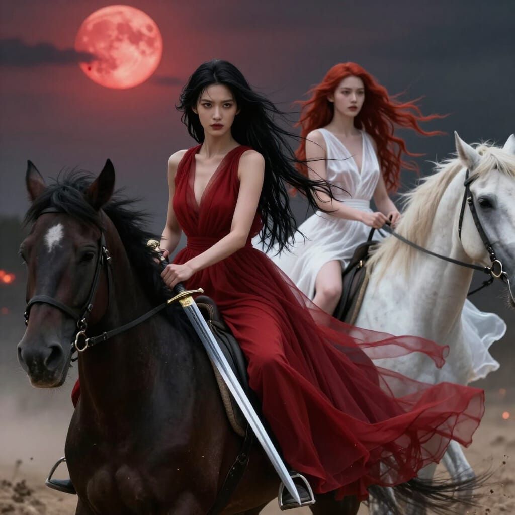 Dark Fantasy Warriors on Horseback in Red Moonlight