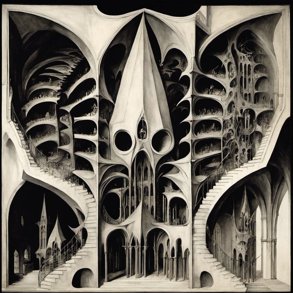 Grotesque Gothic Cathedral Stairway in Escher Style