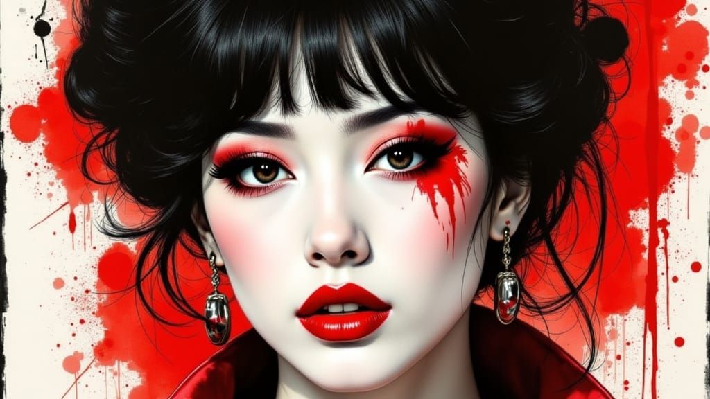 Elegant Japanese Woman in Bold Red Makeup, Avant-Garde Style