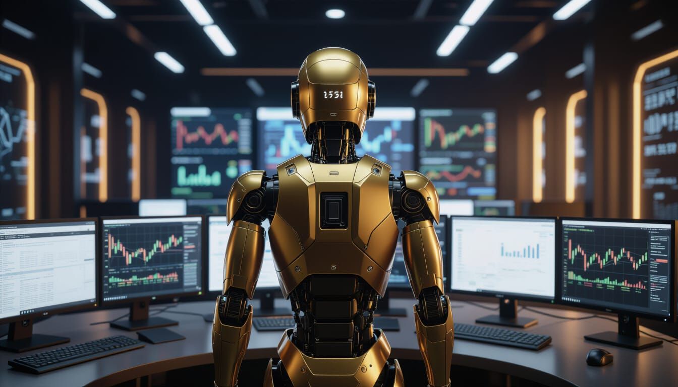 Robot Trader in Golden Suit with Multiple Monitors