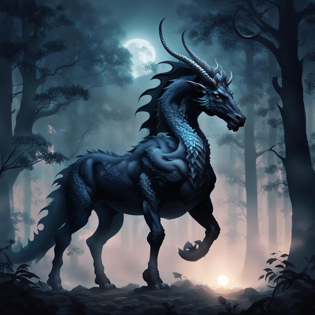 Majestic Black Centaur Dragon in Moonlit Forest