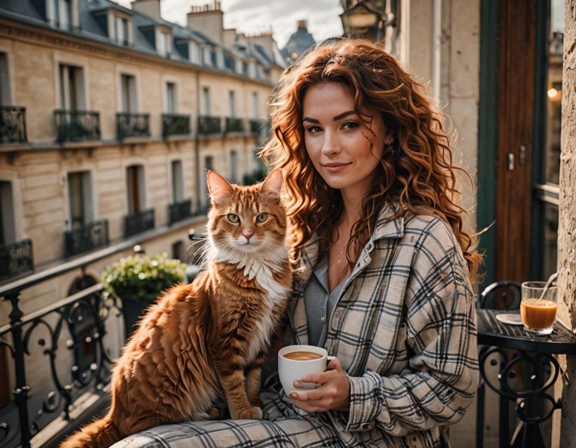 Parisian Bliss: Woman, Cat, and Morning Coffee