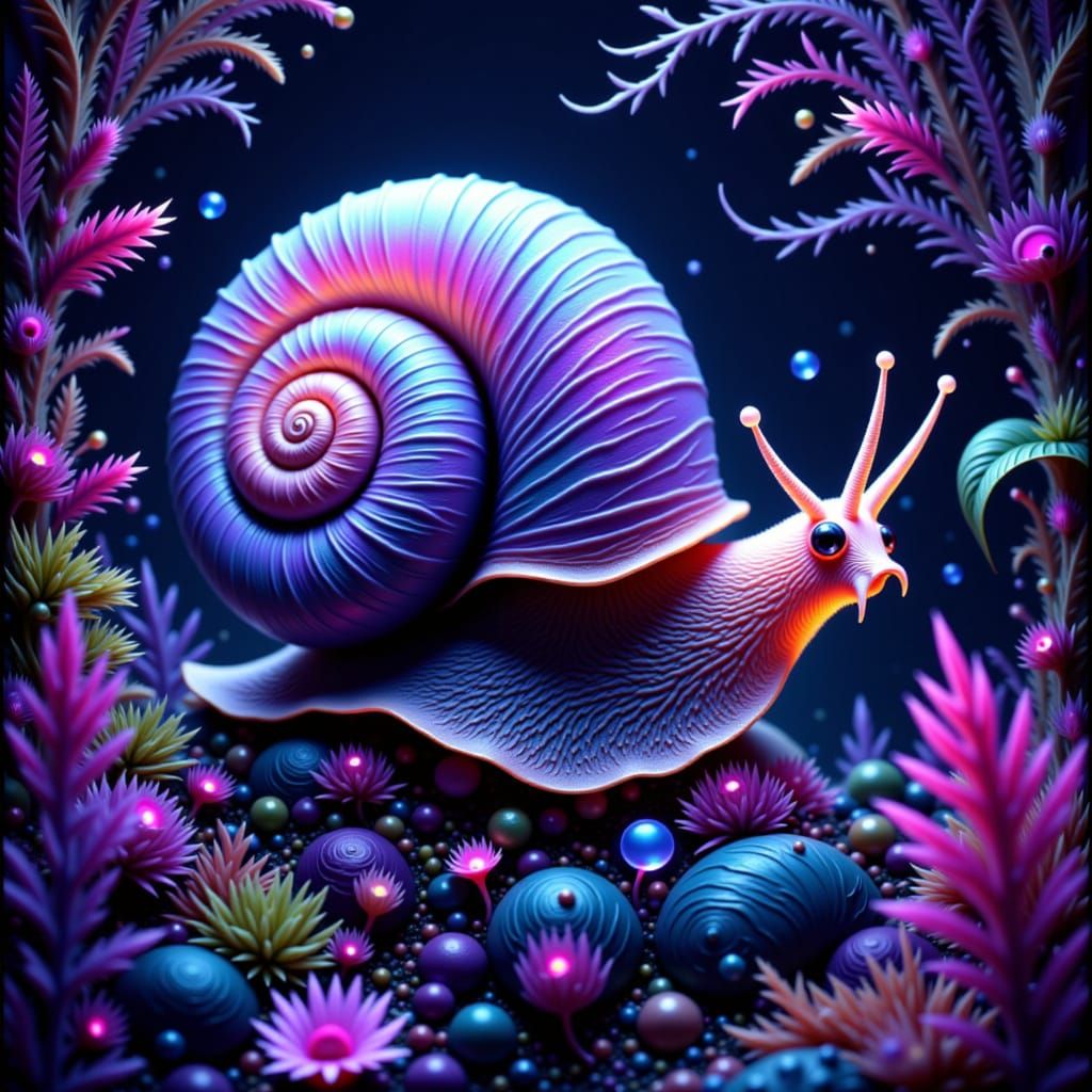 Luminous Snail in a Neon Forest, Digital Art