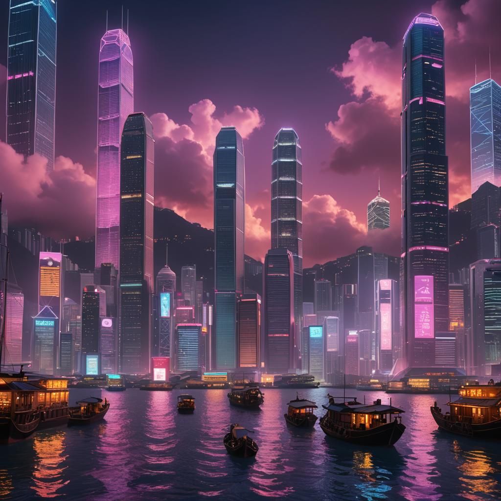 Futuristic Hong Kong Victory Harbour at Night