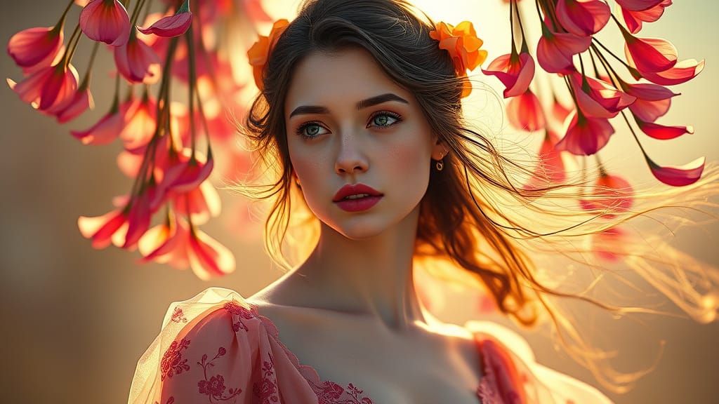 Ethereal Portrait in Art Nouveau Style with Floral Accents