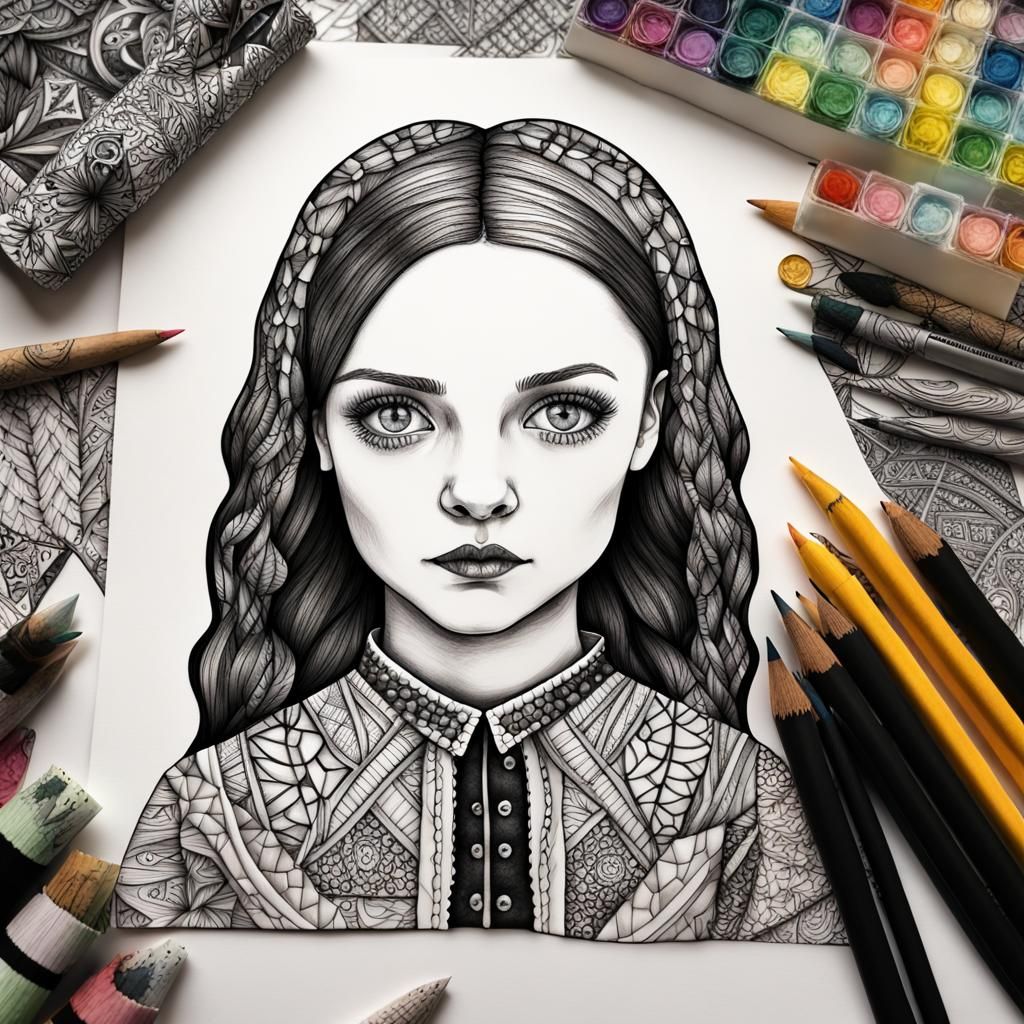 Wednesday Addams in Zentangle Style Watercolor Painting