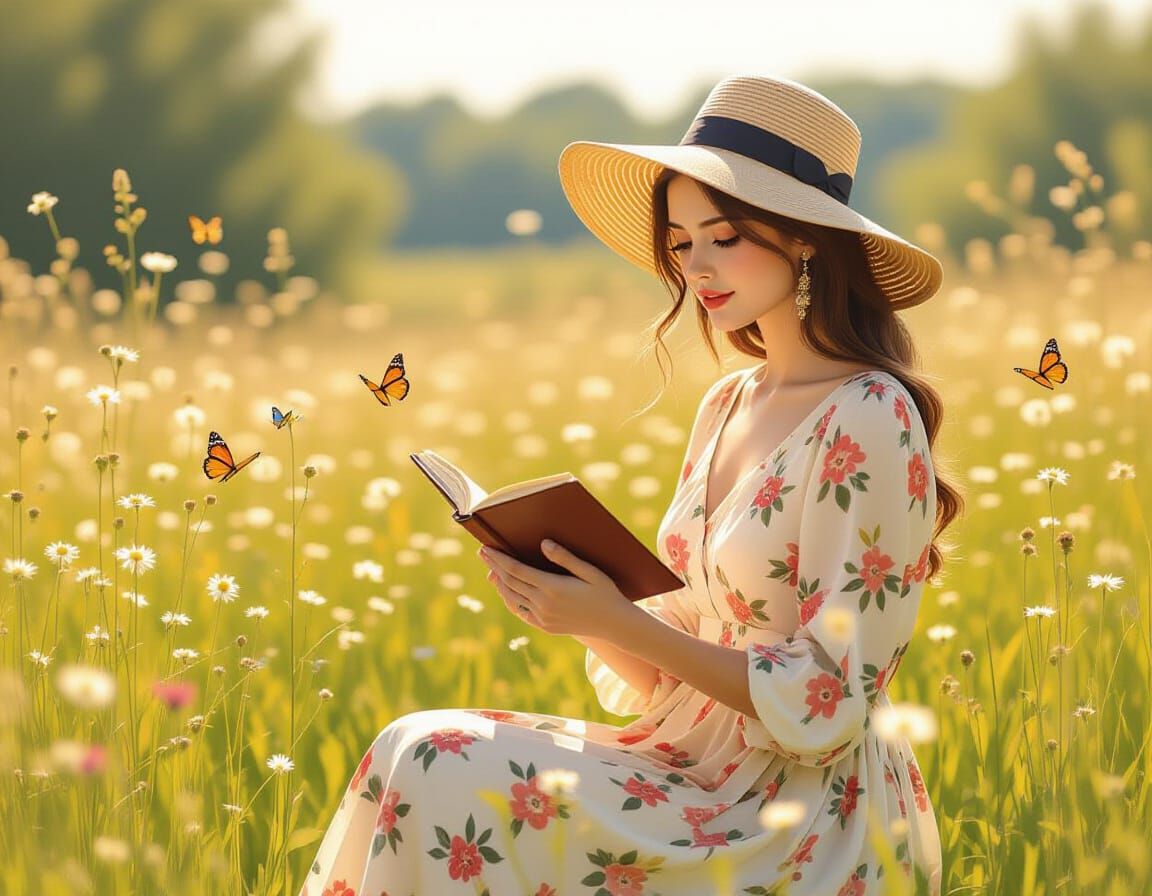 Woman Sketching in Meadow, Impressionistic Style