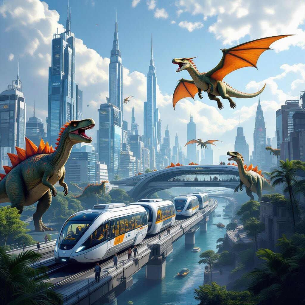 Futuristic Jurassic City: Dinosaurs and Humans Coexist