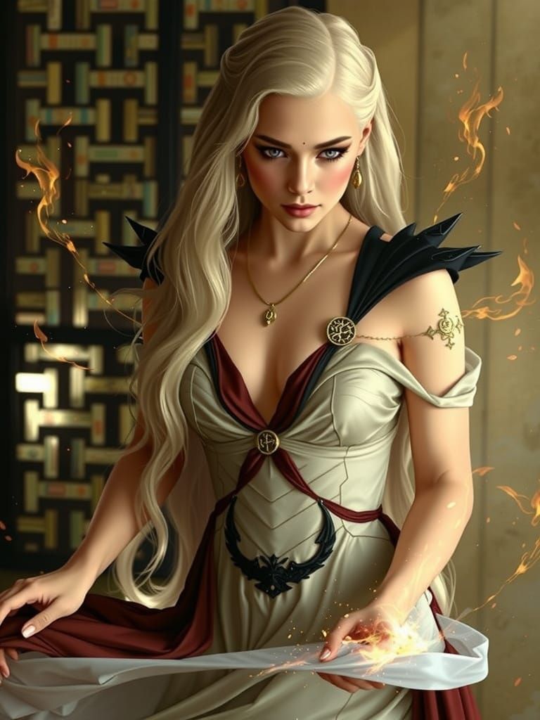 Regal Princess Maelyra Targaryen in Crimson Silk, Golden Acc...